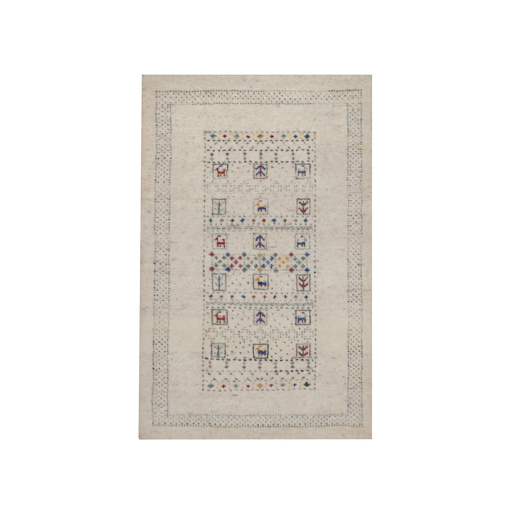 Parchment White, Modern, Lori Buft Gabbeh with Small Animal Figurines, Soft Wool, Hand Knotted, Thick and Plush, Mat, Sample, Oriental Rug